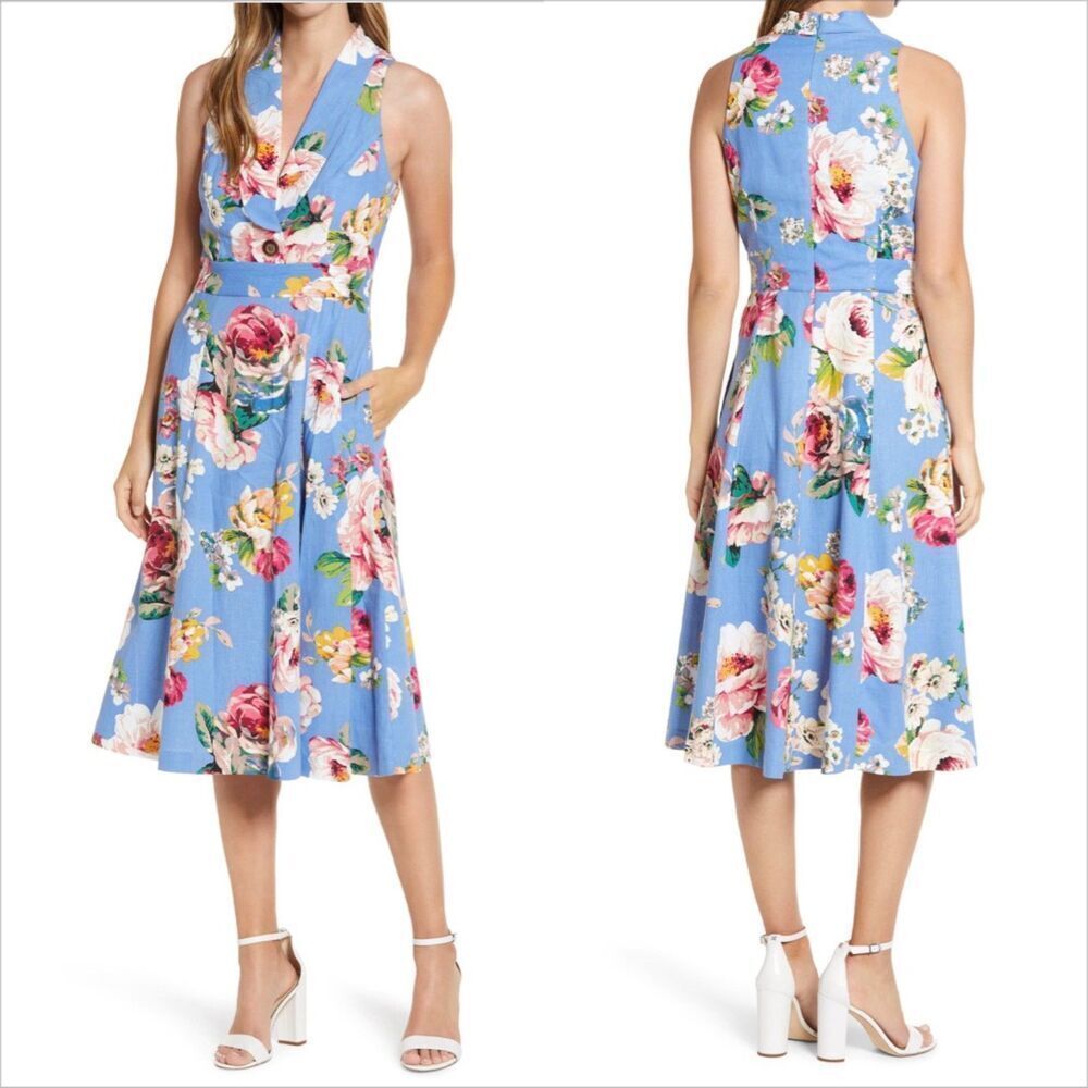 Eliza J Linen Blend Floral Fit & Flare Midi Sundress Size 20W Pockets Halter